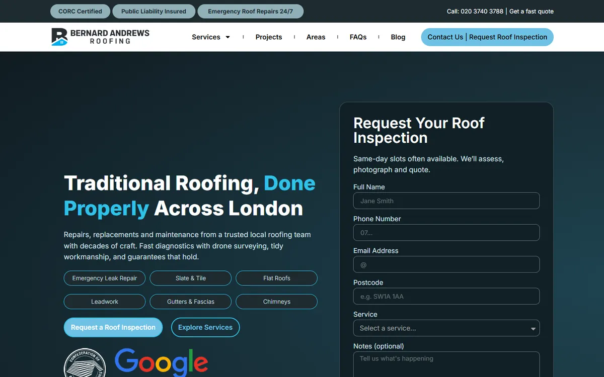 The Bernard Andrews Roofing website, designed and built by OmniFound