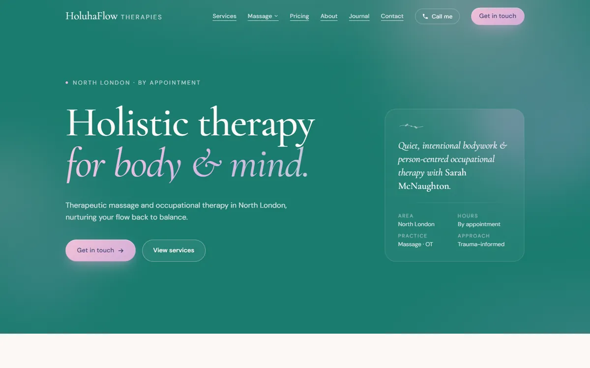 The Holuha Flow Therapies website, designed and built by OmniFound
