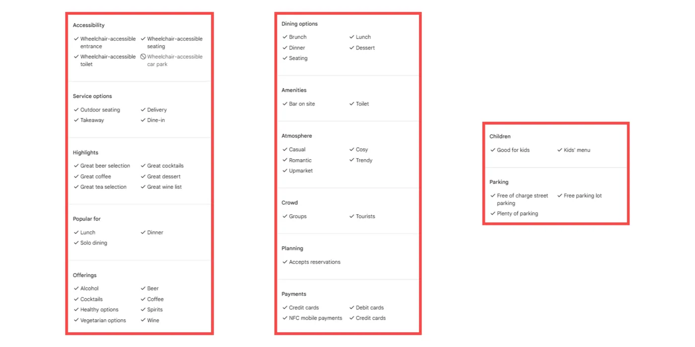 google business attributes